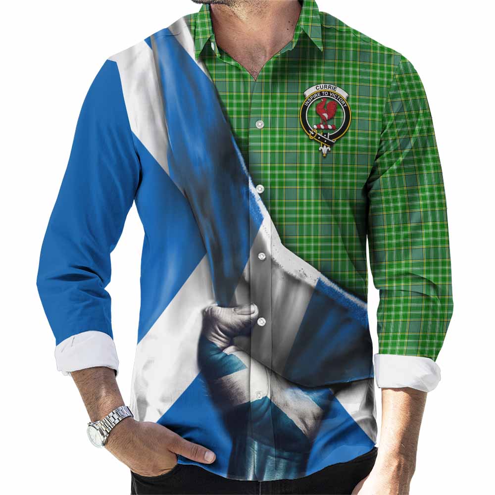 Tartan Vibes Clothing Currie Tartan Long Sleeve Button Shirt with Family Crest Scotland Patriotic Style