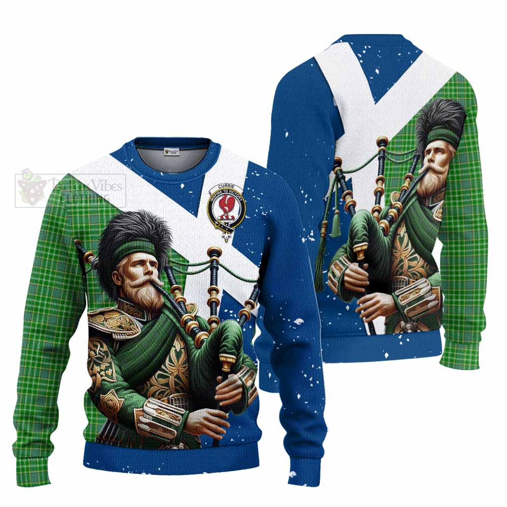 Tartan Vibes Clothing Currie Tartan Knitted Sweater with Family Crest Scottish Bagpiper Vibes