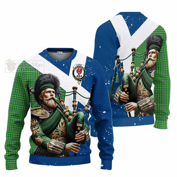 Currie Tartan Knitted Sweater with Family Crest Scottish Bagpiper Vibes