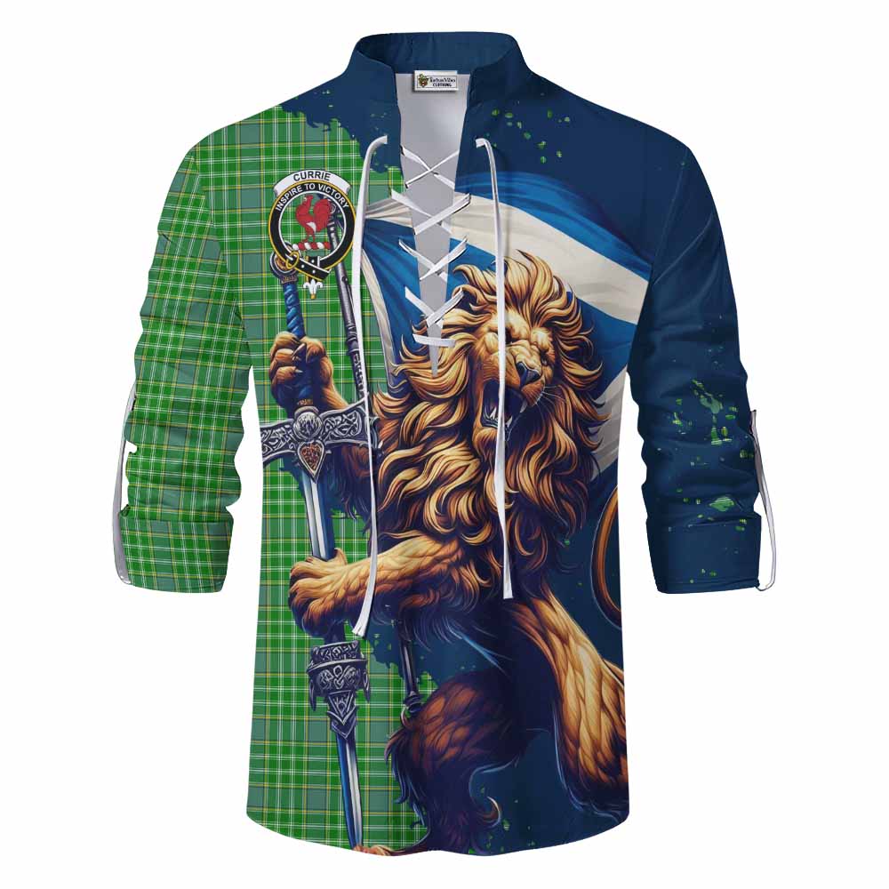 Tartan Vibes Clothing Currie Tartan Family Crest Ghillie Kilt Shirt with Scottish Majestic Lion