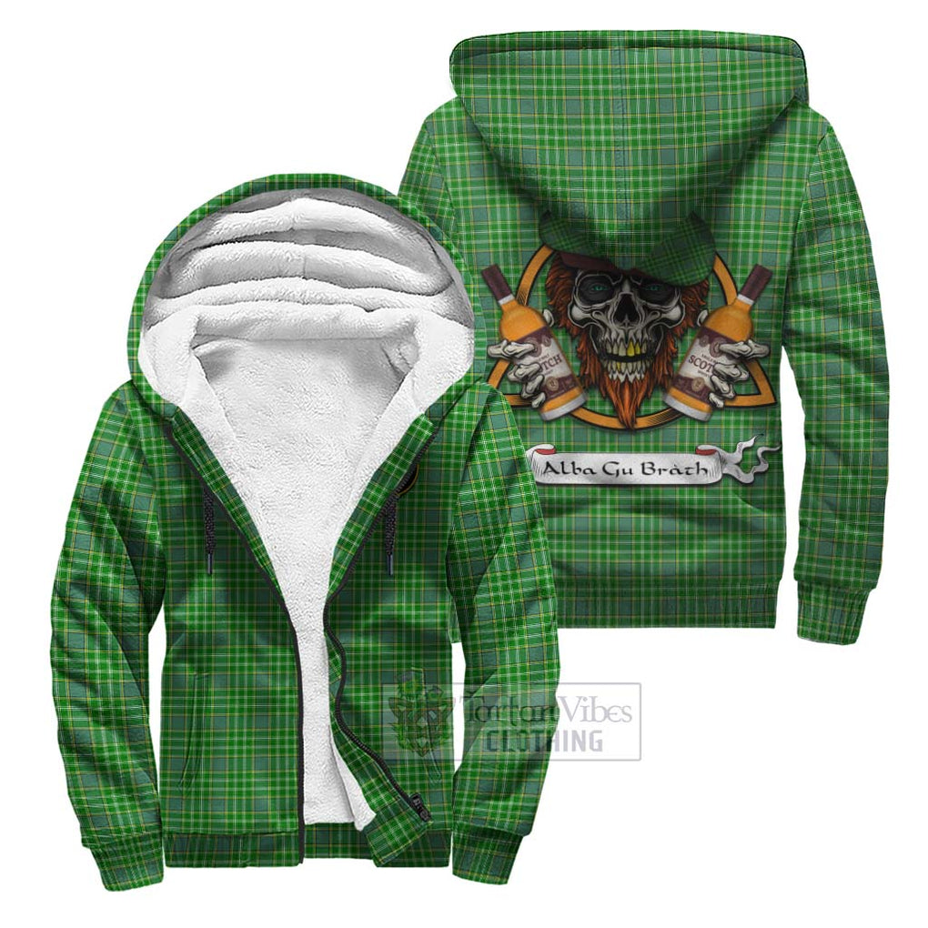 Tartan Vibes Clothing Currie Tartan Sherpa Hoodie with Family Crest and Bearded Skull Holding Bottles of Whiskey