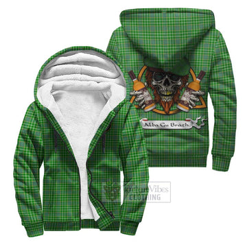 Currie Tartan Sherpa Hoodie with Family Crest and Bearded Skull Holding Bottles of Whiskey