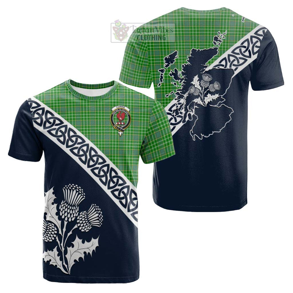 Tartan Vibes Clothing Currie Tartan Cotton T-shirt Featuring Thistle and Scotland Map