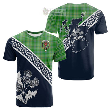 Currie Tartan Cotton T-shirt Featuring Thistle and Scotland Map