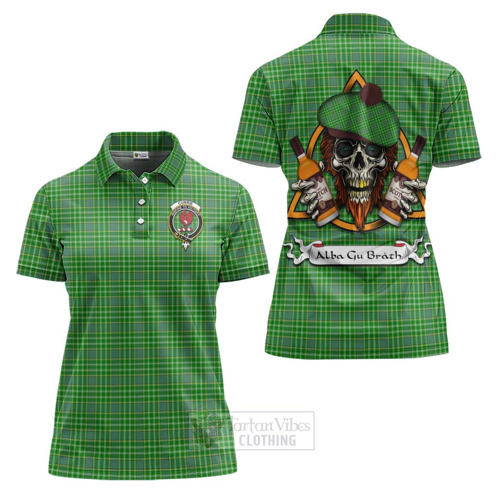 Tartan Vibes Clothing Currie Tartan Women's Polo Shirt with Family Crest and Bearded Skull Holding Bottles of Whiskey