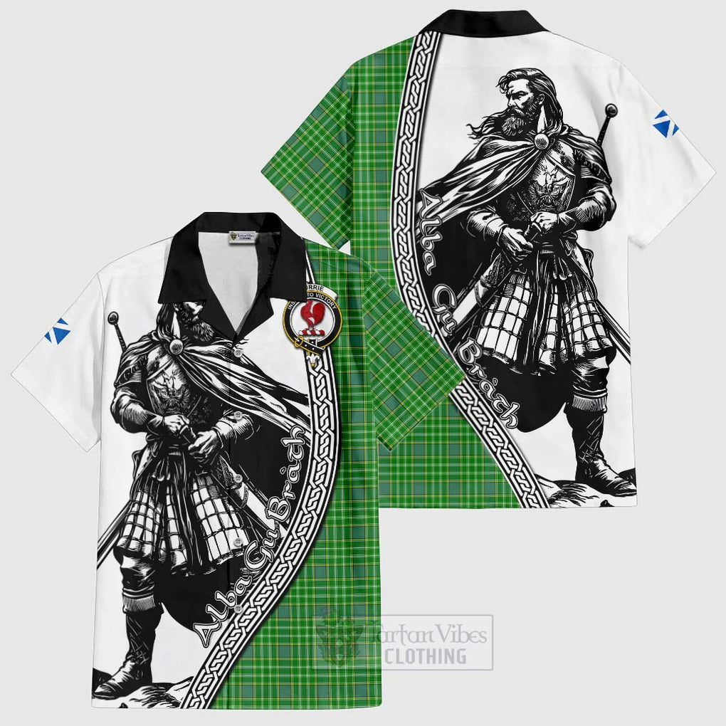 Tartan Vibes Clothing Currie Tartan Clan Crest Short Sleeve Button Shirt with Highlander Warrior Celtic Style