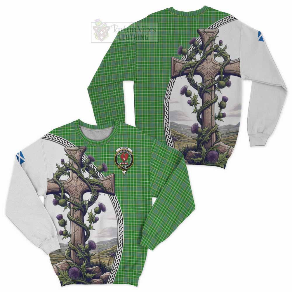 Tartan Vibes Clothing Currie Tartan Sweatshirt with Family Crest and St. Andrew's Cross Accented by Thistle Vines