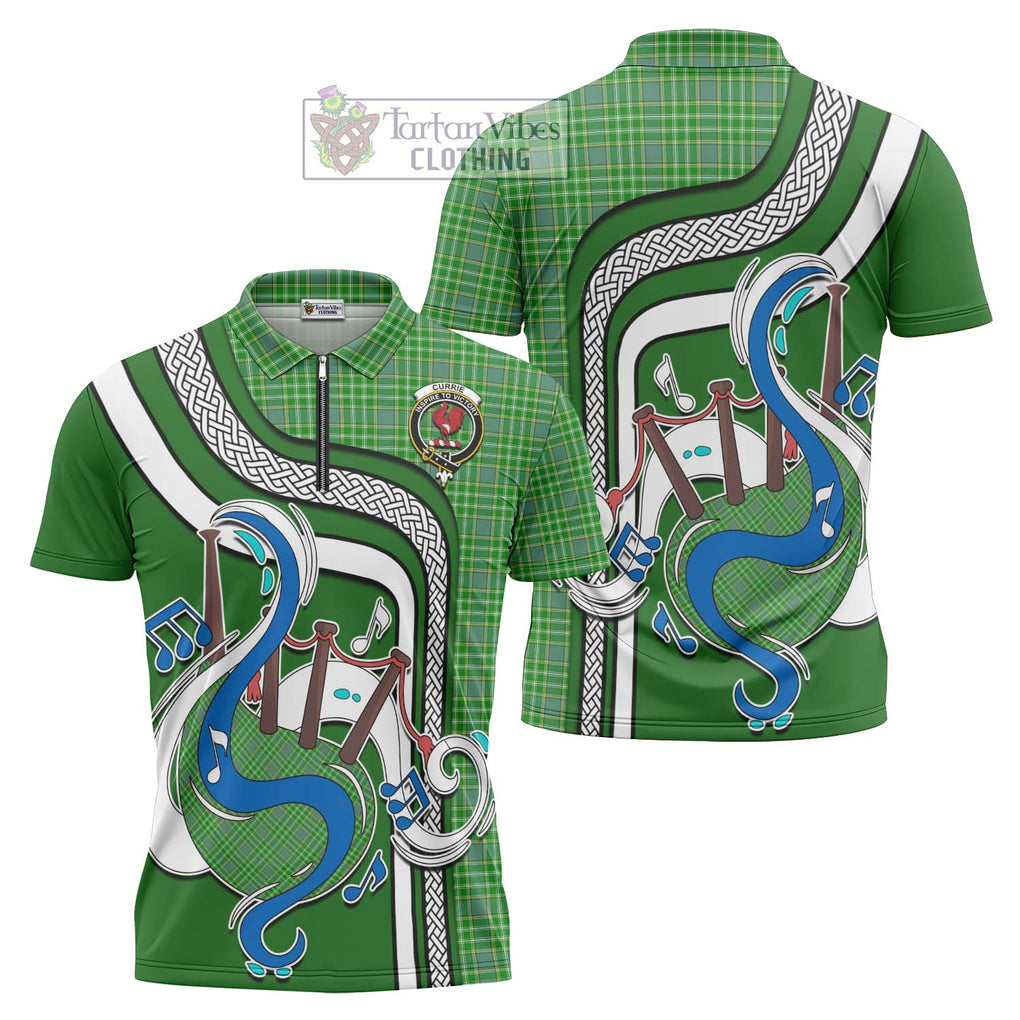 Currie Tartan Zipper Polo Shirt with Epic Bagpipe Style Unisex - Tartanvibesclothing Shop