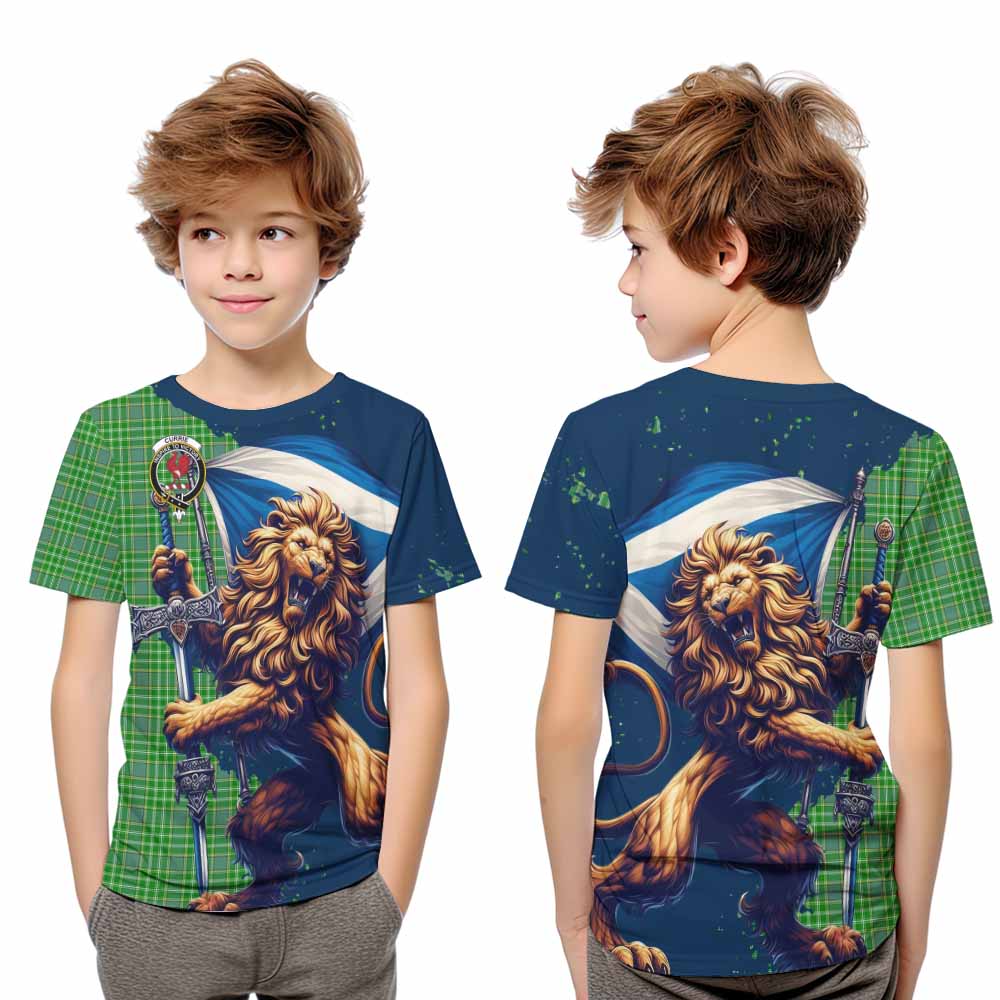 Tartan Vibes Clothing Currie Tartan Family Crest Kid T-Shirt with Scottish Majestic Lion