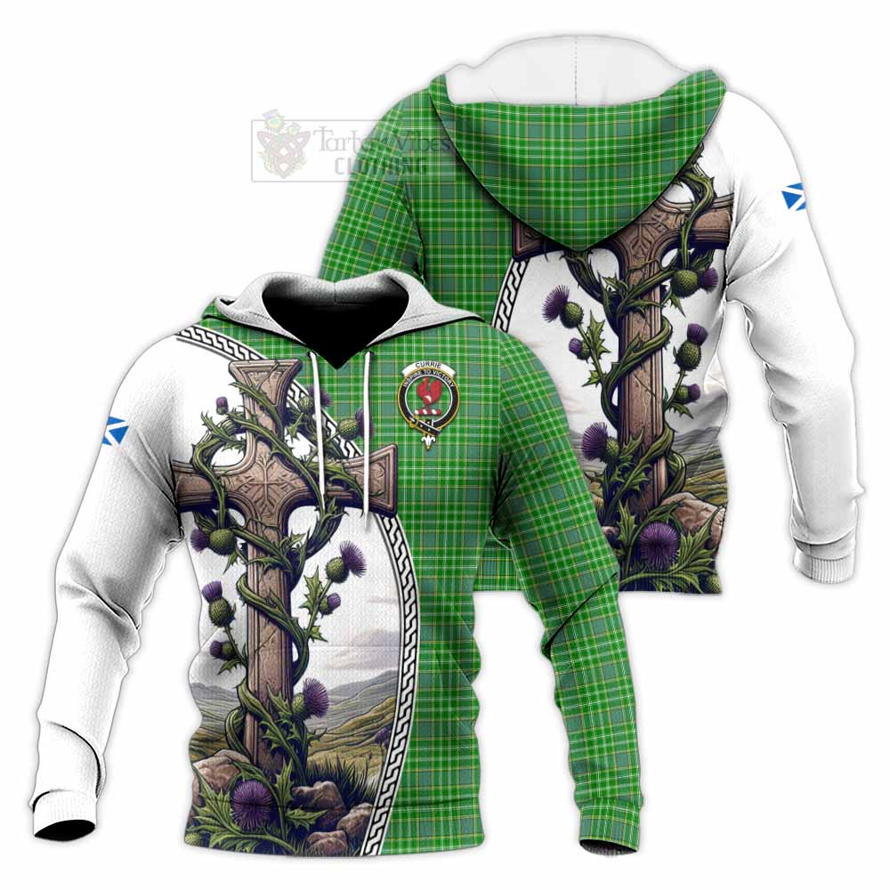 Tartan Vibes Clothing Currie Tartan Knitted Hoodie with Family Crest and St. Andrew's Cross Accented by Thistle Vines