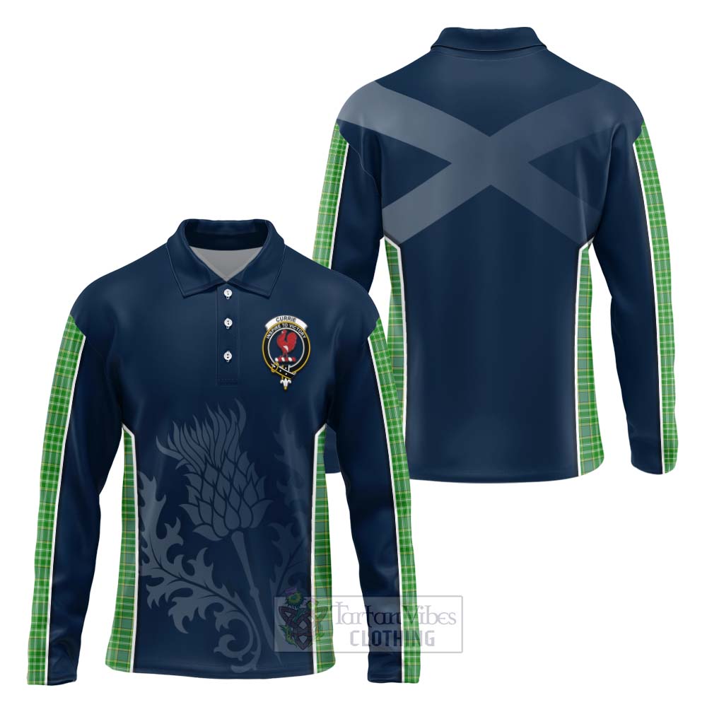 Tartan Vibes Clothing Currie Tartan Long Sleeve Polo Shirt with Family Crest and Scottish Thistle Vibes Sport Style