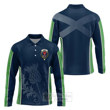 Currie Tartan Long Sleeve Polo Shirt with Family Crest and Scottish Thistle Vibes Sport Style