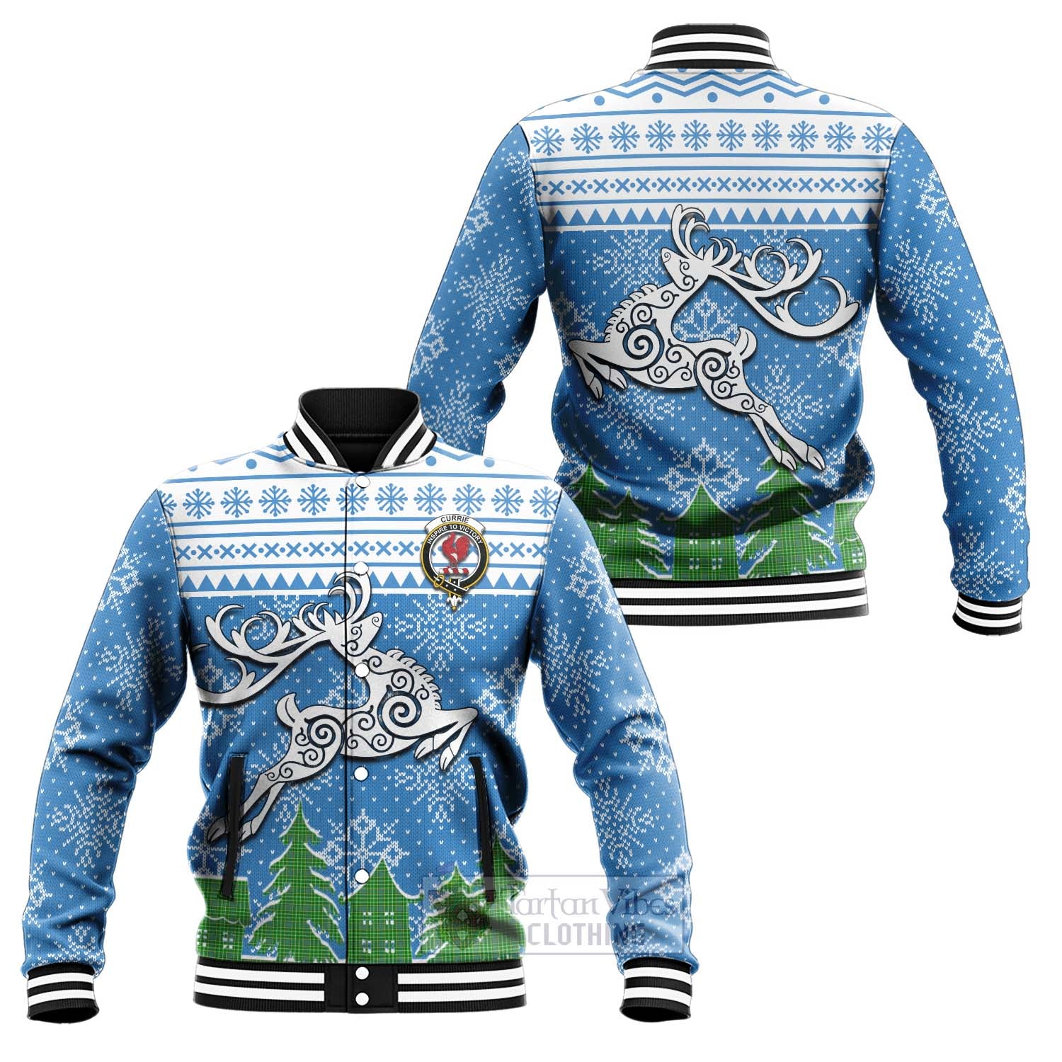 Tartan Vibes Clothing Currie Clan Christmas Baseball Jacket Celtic Reindeer Style