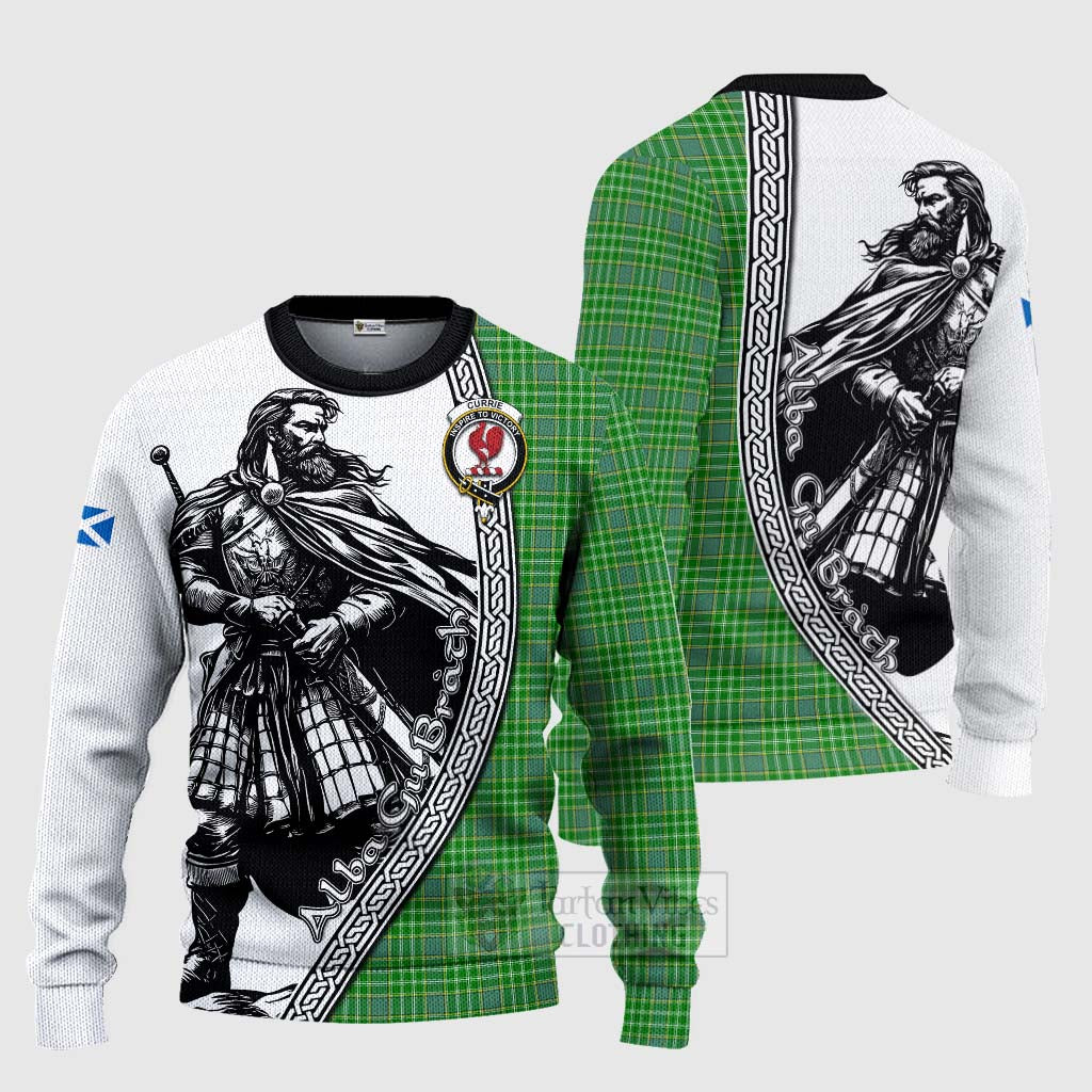 Tartan Vibes Clothing Currie Tartan Clan Crest Knitted Sweater with Highlander Warrior Celtic Style