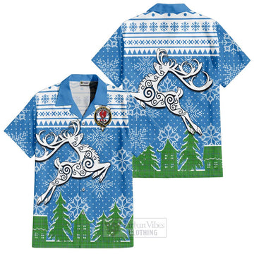 Currie Clan Christmas Short Sleeve Button Shirt Celtic Reindeer Style