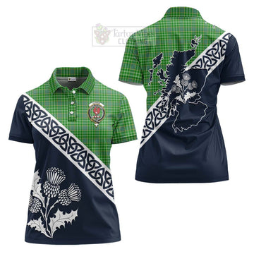 Currie Tartan Women's Polo Shirt Featuring Thistle and Scotland Map