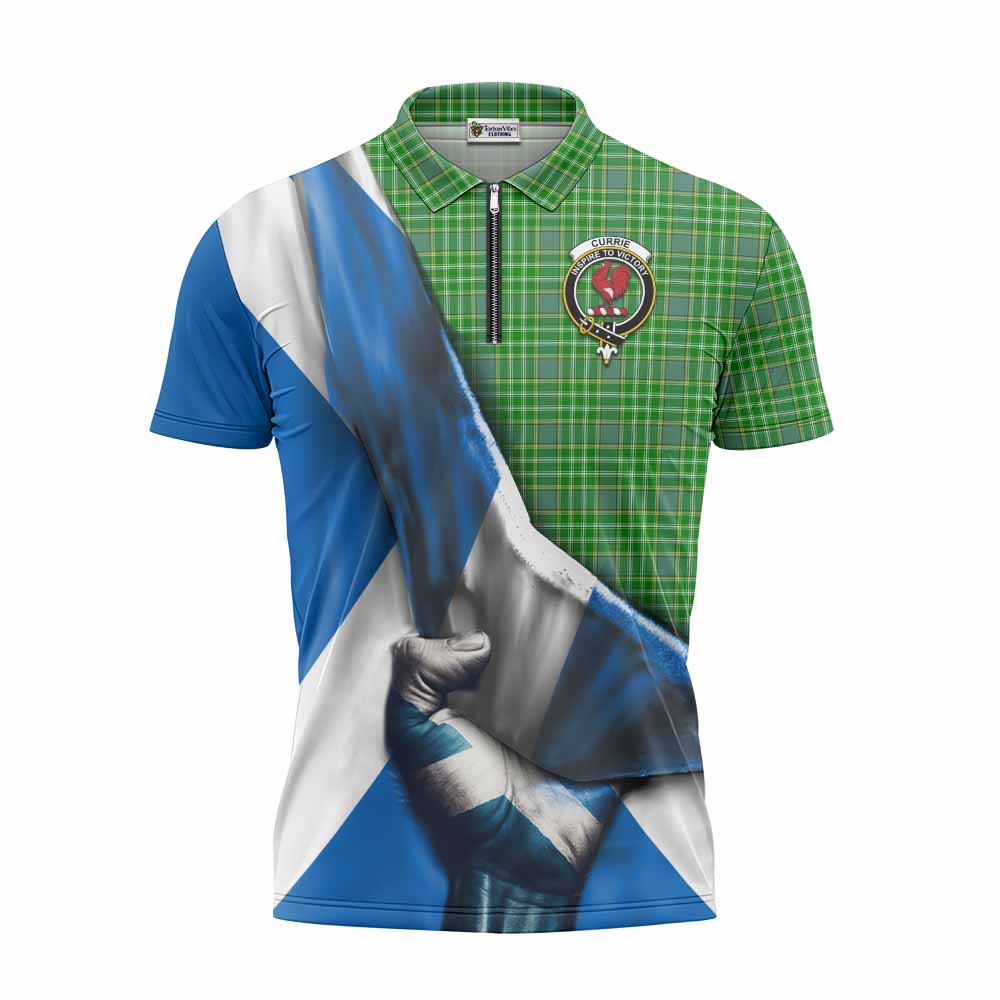 Tartan Vibes Clothing Currie Tartan Zipper Polo Shirt with Family Crest Scotland Patriotic Style