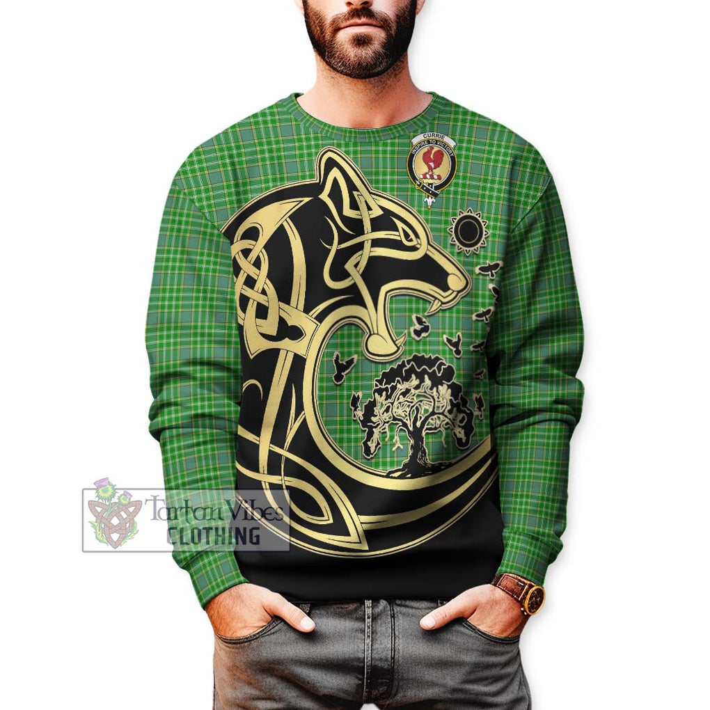 Currie Tartan Sweatshirt with Family Crest Celtic Wolf Style Unisex - Tartan Vibes Clothing