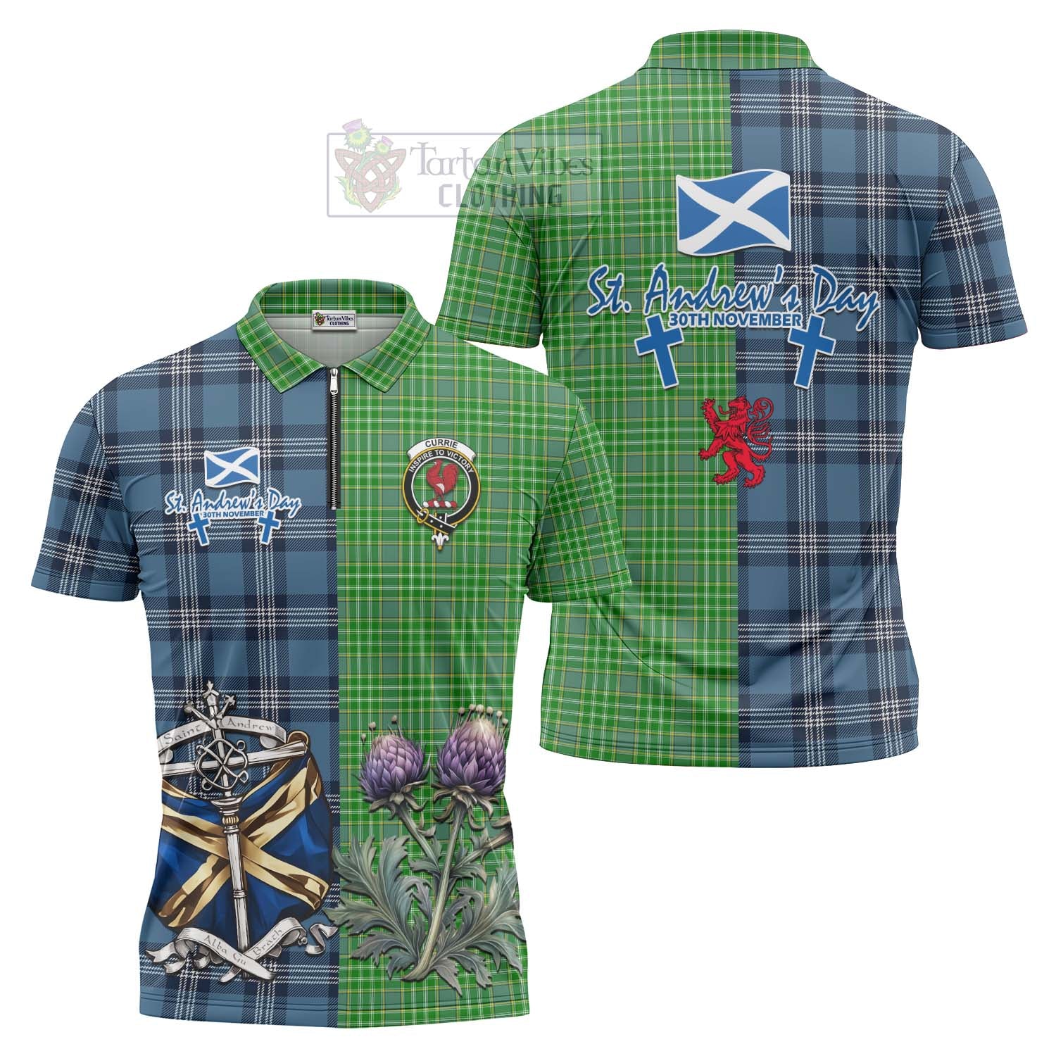 Tartan Vibes Clothing Currie Tartan Zipper Polo Shirt Happy St. Andrew's Day Half Tartan Style