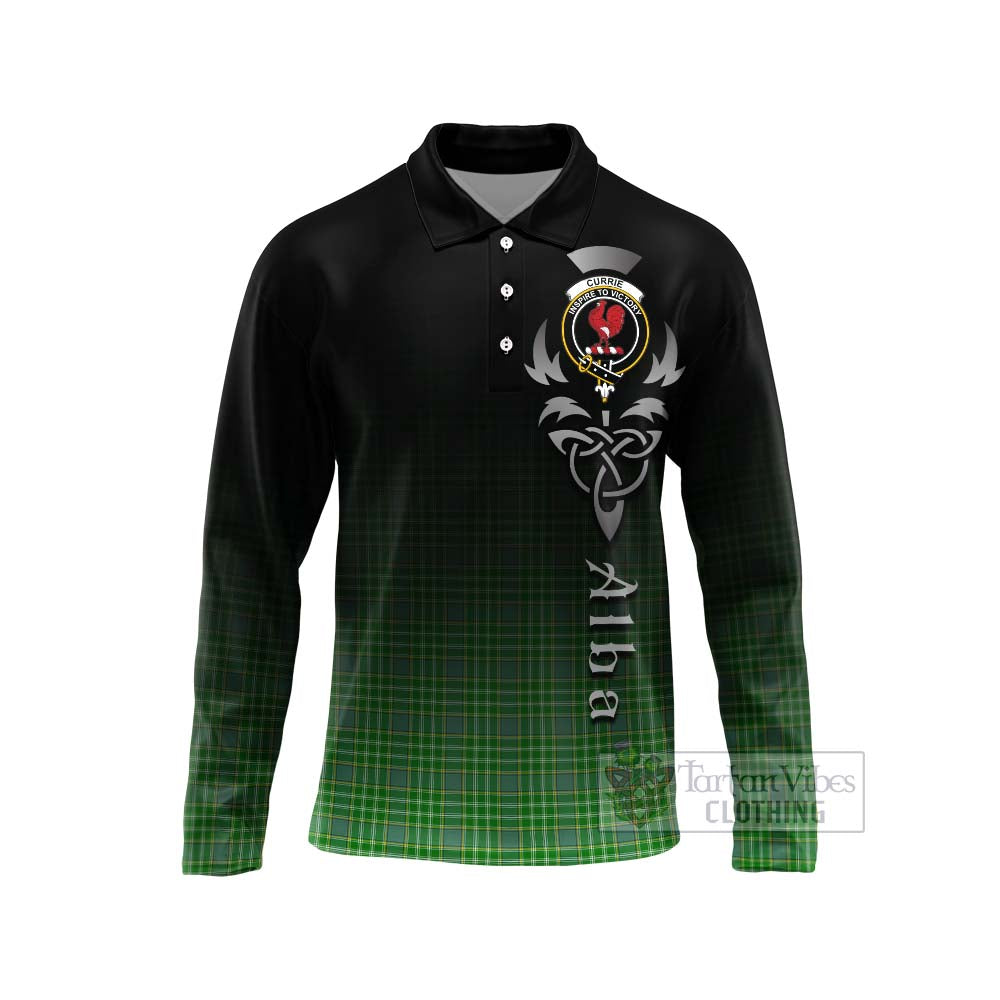 Tartan Vibes Clothing Currie Tartan Long Sleeve Polo Shirt Featuring Alba Gu Brath Family Crest Celtic Inspired