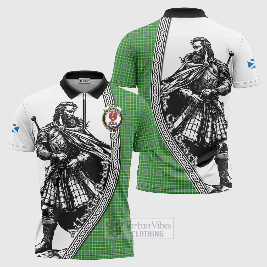 Tartan Vibes Clothing Currie Tartan Clan Crest Zipper Polo Shirt with Highlander Warrior Celtic Style