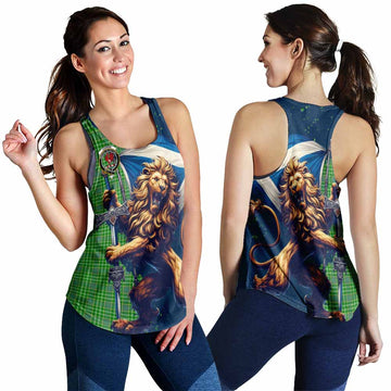 Currie Tartan Family Crest Women's Racerback Tanks with Scottish Majestic Lion