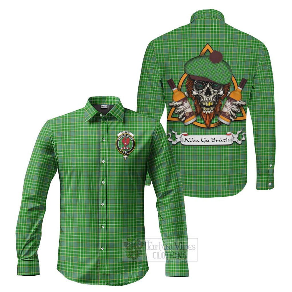 Tartan Vibes Clothing Currie Tartan Long Sleeve Button Shirt with Family Crest and Bearded Skull Holding Bottles of Whiskey