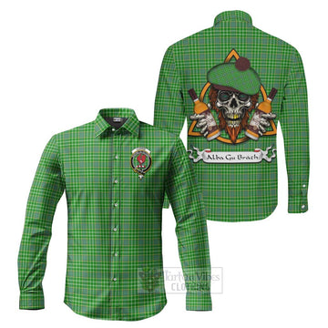 Currie Tartan Long Sleeve Button Shirt with Family Crest and Bearded Skull Holding Bottles of Whiskey