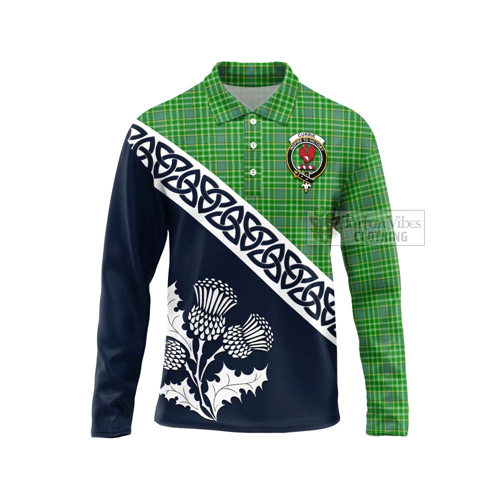 Tartan Vibes Clothing Currie Tartan Long Sleeve Polo Shirt Featuring Thistle and Scotland Map