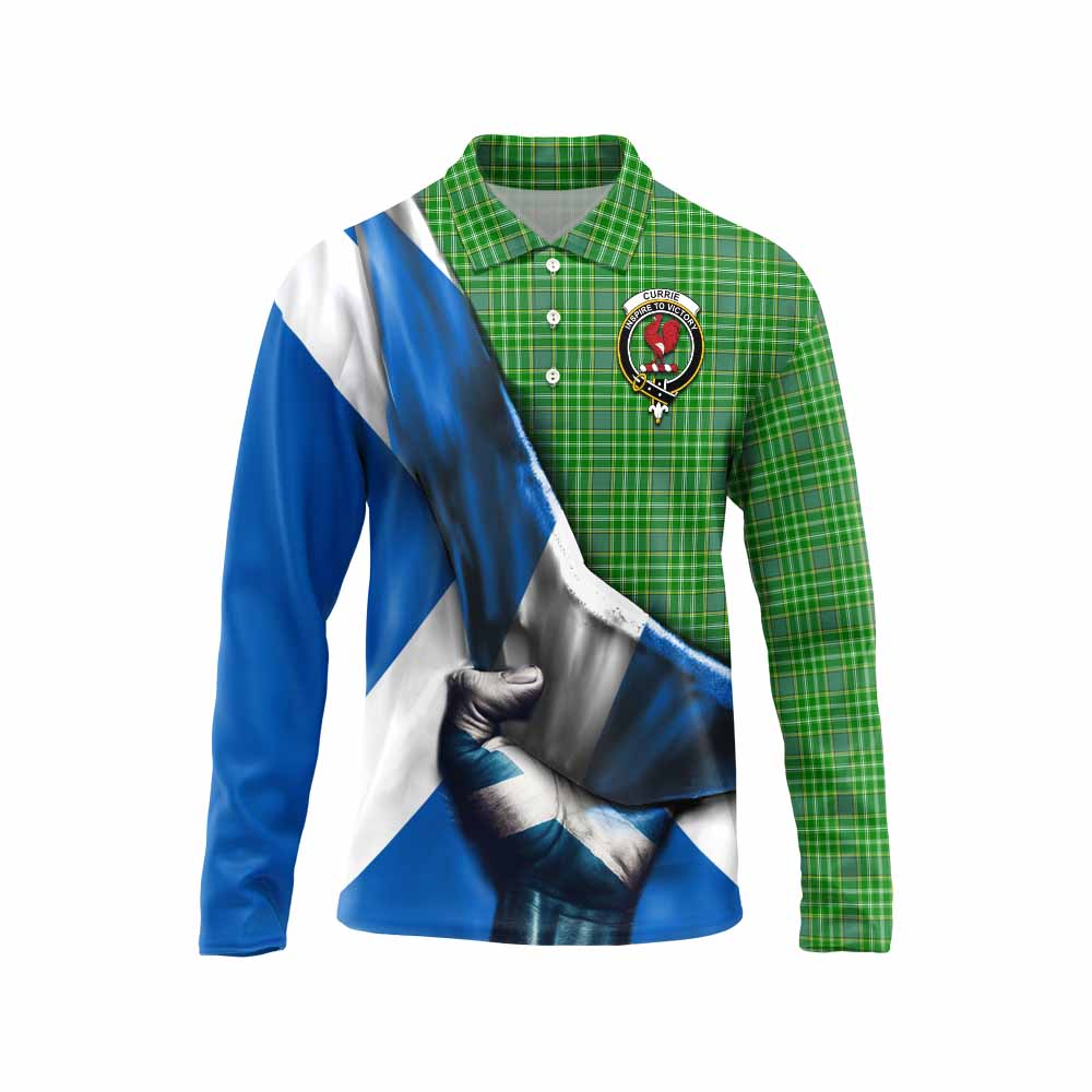 Tartan Vibes Clothing Currie Tartan Long Sleeve Polo Shirt with Family Crest Scotland Patriotic Style