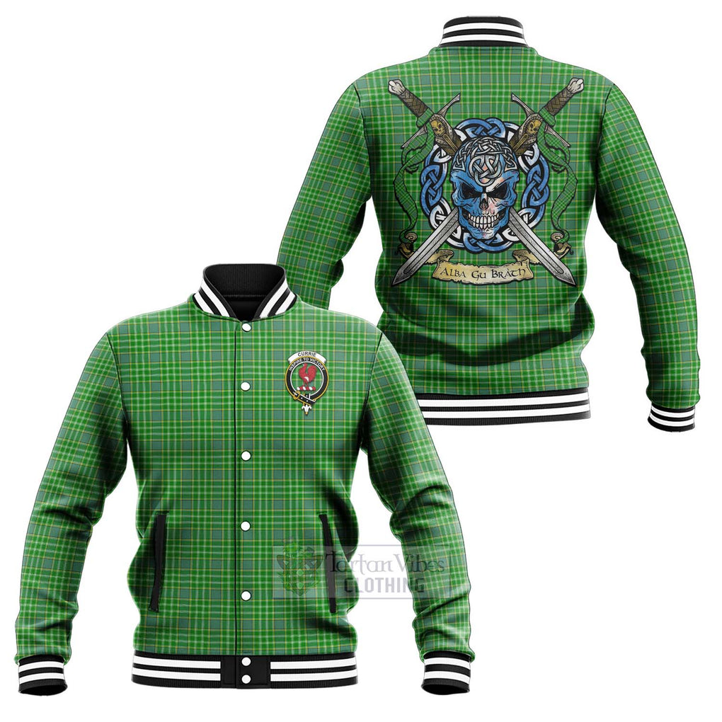 Tartan Vibes Clothing Currie Tartan Baseball Jacket with Family Crest Celtic Skull Style