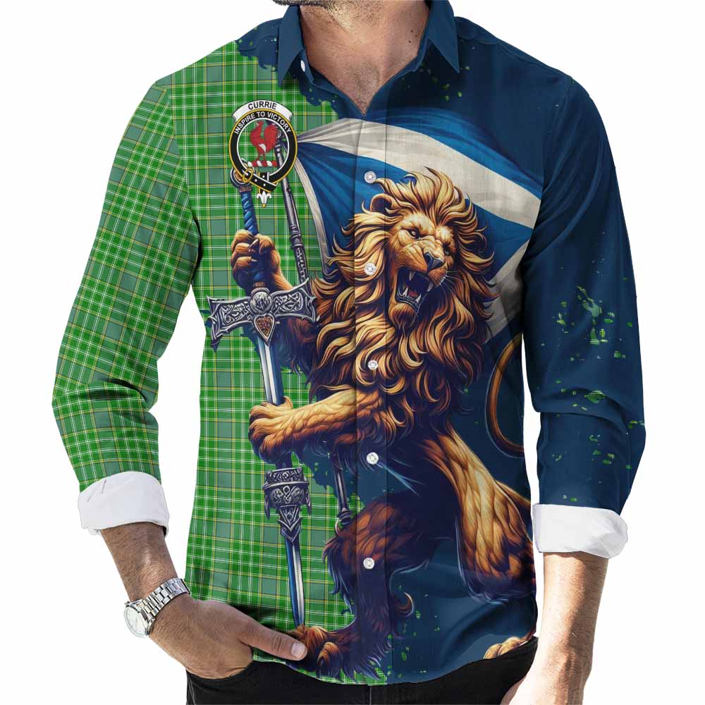 Tartan Vibes Clothing Currie Tartan Family Crest Long Sleeve Button Shirt with Scottish Majestic Lion