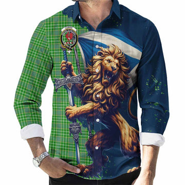 Currie Tartan Family Crest Long Sleeve Button Shirt with Scottish Majestic Lion