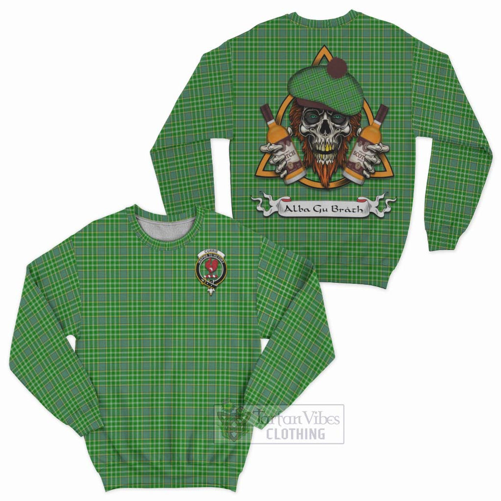 Tartan Vibes Clothing Currie Tartan Sweatshirt with Family Crest and Bearded Skull Holding Bottles of Whiskey