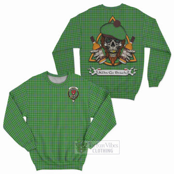 Currie Tartan Sweatshirt with Family Crest and Bearded Skull Holding Bottles of Whiskey