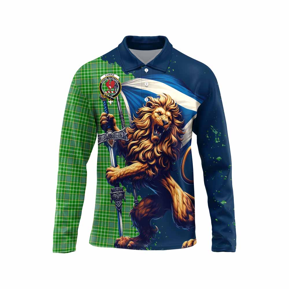 Tartan Vibes Clothing Currie Tartan Family Crest Long Sleeve Polo Shirt with Scottish Majestic Lion