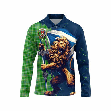 Currie Tartan Family Crest Long Sleeve Polo Shirt with Scottish Majestic Lion