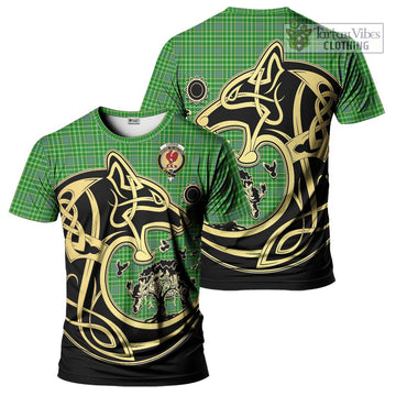 Currie Tartan T-Shirt with Family Crest Celtic Wolf Style