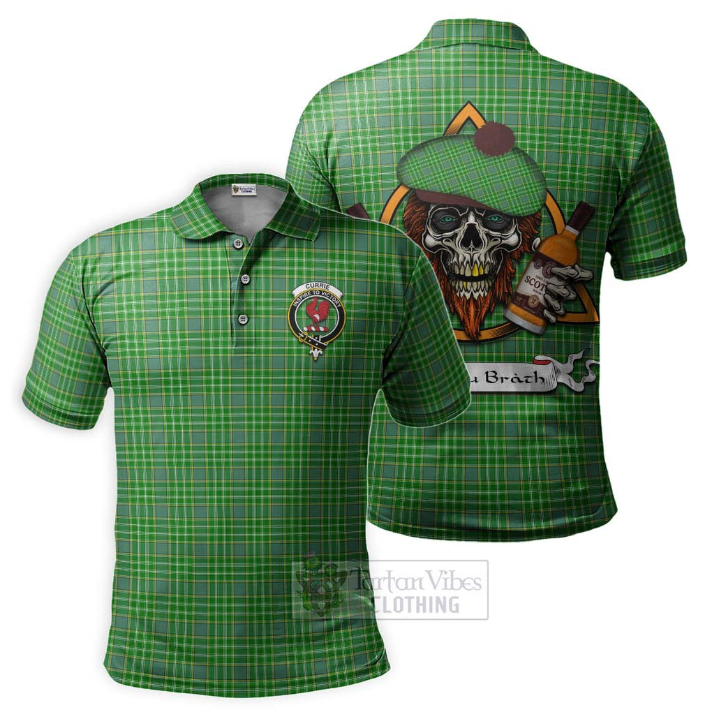 Tartan Vibes Clothing Currie Tartan Polo Shirt with Family Crest and Bearded Skull Holding Bottles of Whiskey