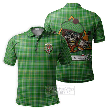 Currie Tartan Polo Shirt with Family Crest and Bearded Skull Holding Bottles of Whiskey