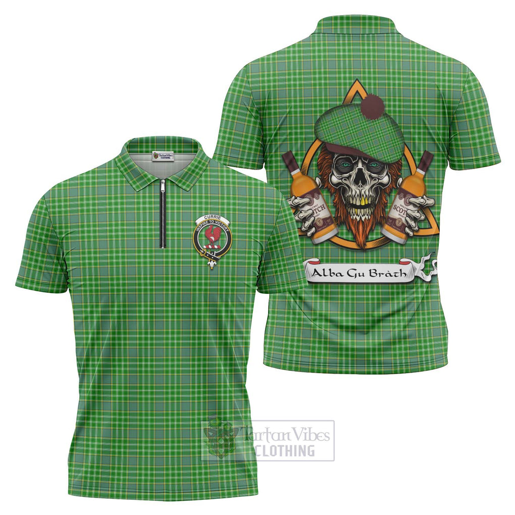 Tartan Vibes Clothing Currie Tartan Zipper Polo Shirt with Family Crest and Bearded Skull Holding Bottles of Whiskey