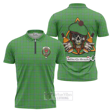 Currie Tartan Zipper Polo Shirt with Family Crest and Bearded Skull Holding Bottles of Whiskey