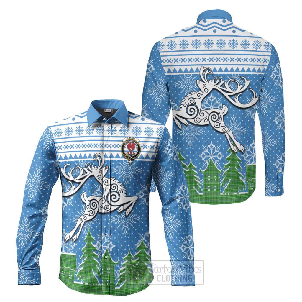 Tartan Vibes Clothing Currie Clan Christmas Long Sleeve Button Shirt Celtic Reindeer Style