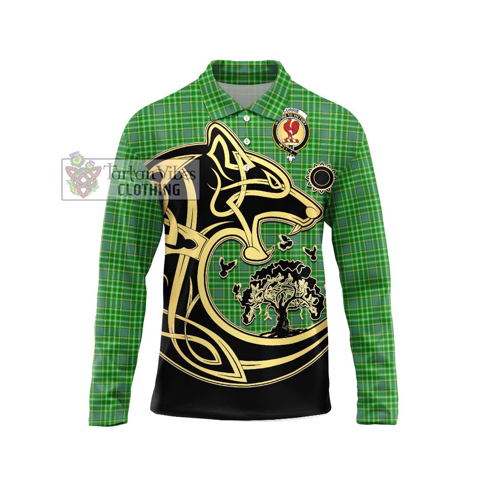 Currie Tartan Long Sleeve Polo Shirt with Family Crest Celtic Wolf Style Unisex - Tartanvibesclothing Shop