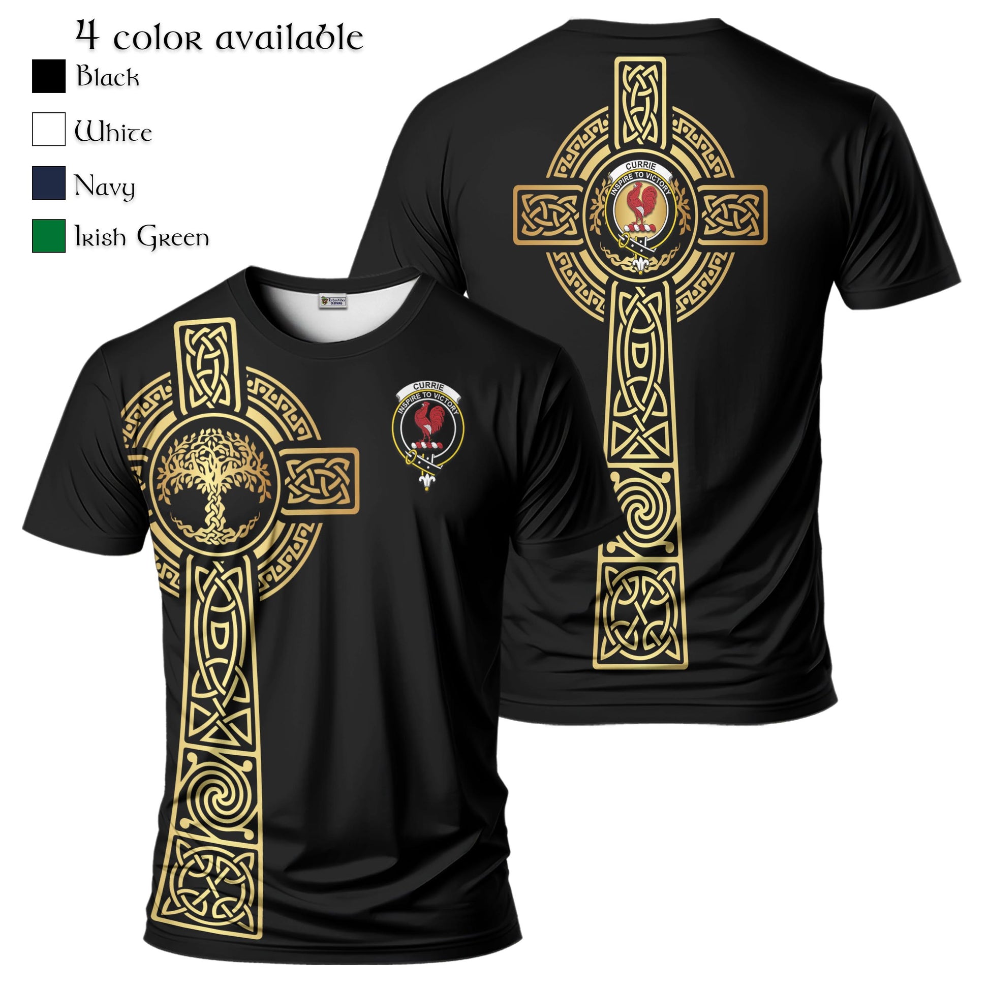 Currie Clan Mens T-Shirt with Golden Celtic Tree Of Life Black - Tartanvibesclothing