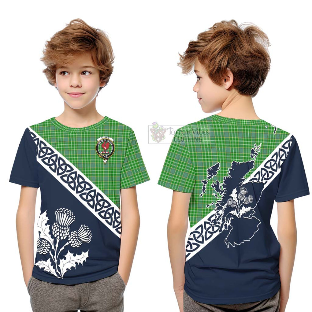 Tartan Vibes Clothing Currie Tartan Kid T-Shirt Featuring Thistle and Scotland Map