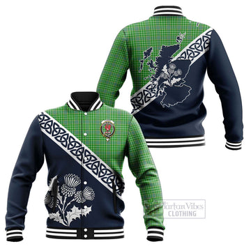 Currie Tartan Baseball Jacket Featuring Thistle and Scotland Map