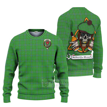 Currie Tartan Ugly Sweater with Family Crest and Bearded Skull Holding Bottles of Whiskey