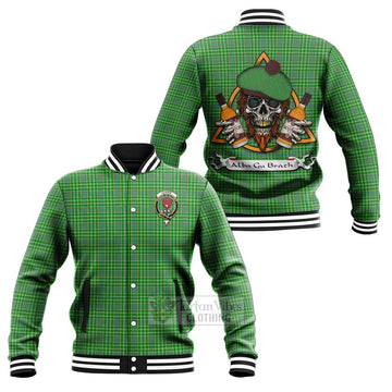 Currie Tartan Baseball Jacket with Family Crest and Bearded Skull Holding Bottles of Whiskey