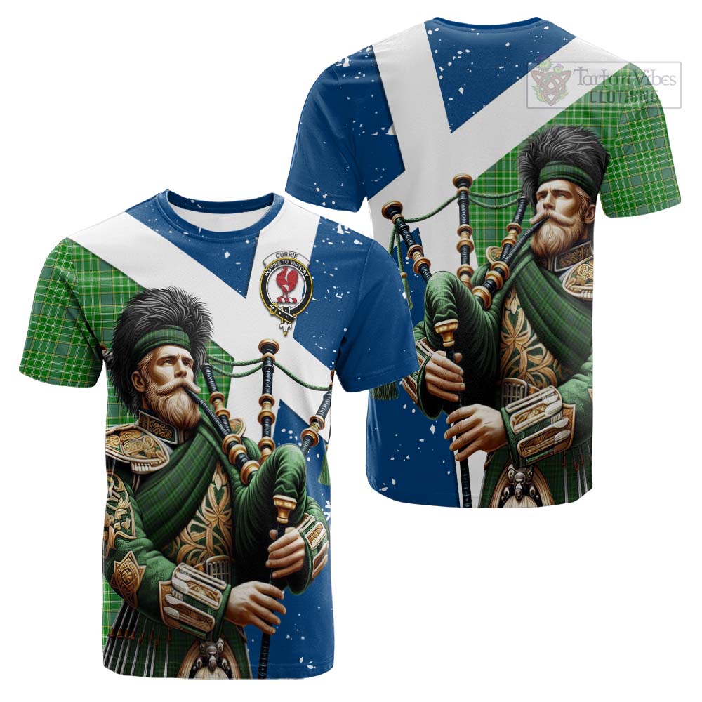 Tartan Vibes Clothing Currie Tartan Cotton T-shirt with Family Crest Scottish Bagpiper Vibes